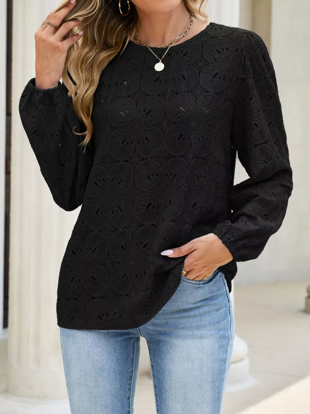Floral Eyelet Lace Long Sleeve Blouse, image 11