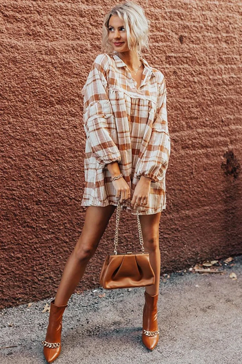 Plaid Collared Neck Long Sleeve Mini Shirt Dress, image 3