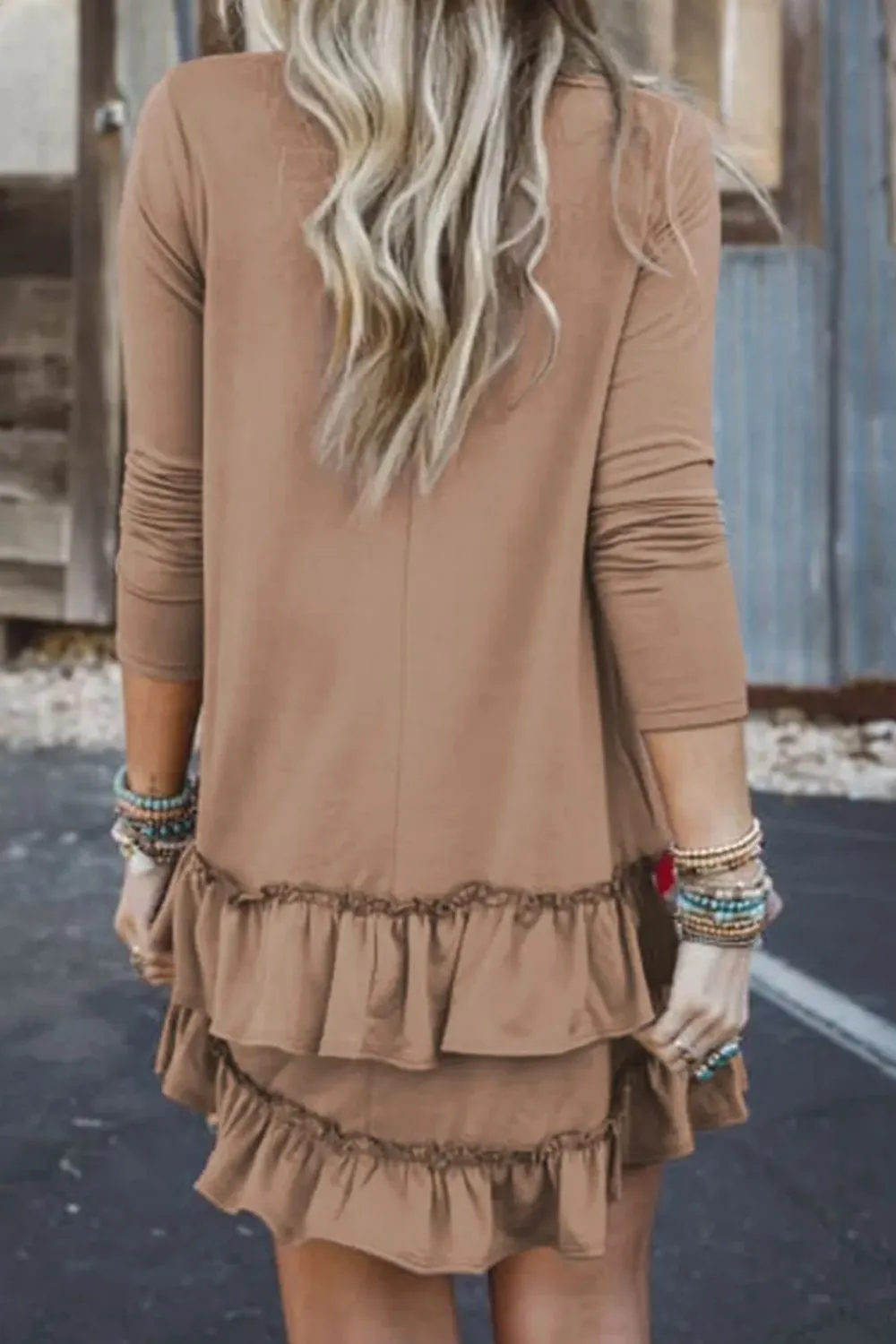 Ruffled Scoop Neck Three-Quarter Sleeve Mini Dress, image 5