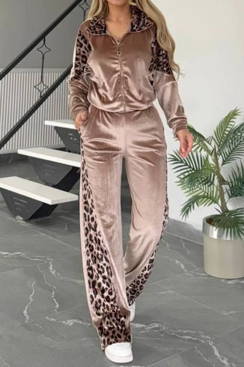 Full Size Collared Neck Leopard Zip Up Top and Pants Set Plus Size, image 6