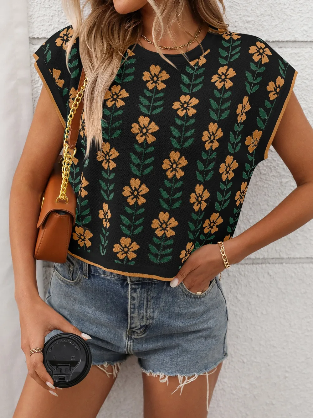 Flower Round Neck Short Sleeve Knit Top, image 4