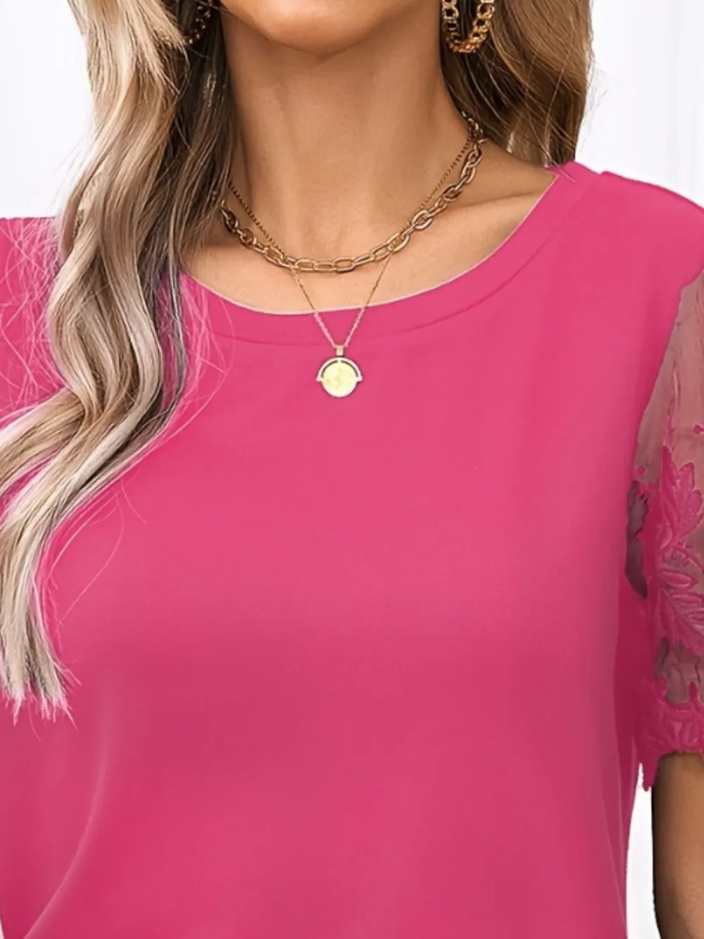 Lace Detail Round Neck Short Sleeve T-Shirt, image 11