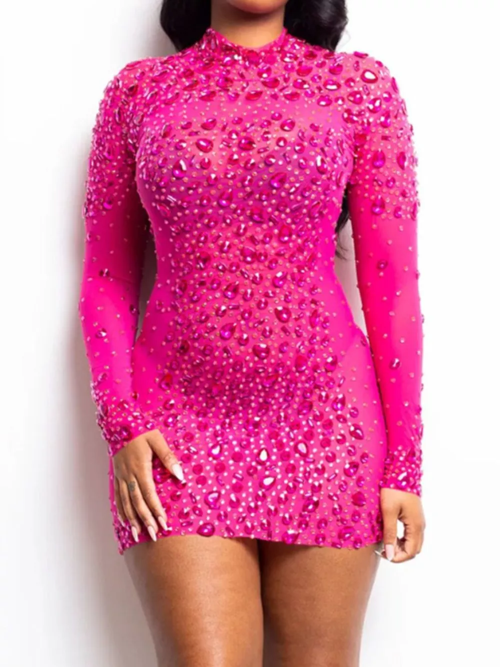 Rhinestone Embellished Long Sleeve Bodycon Mini Dress, image 2