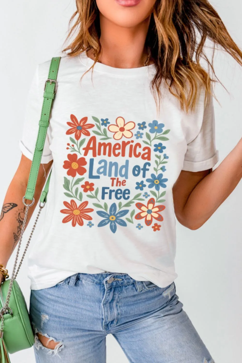 Patriotic Floral America Land of The Free Graphic T-Shirt, image 3