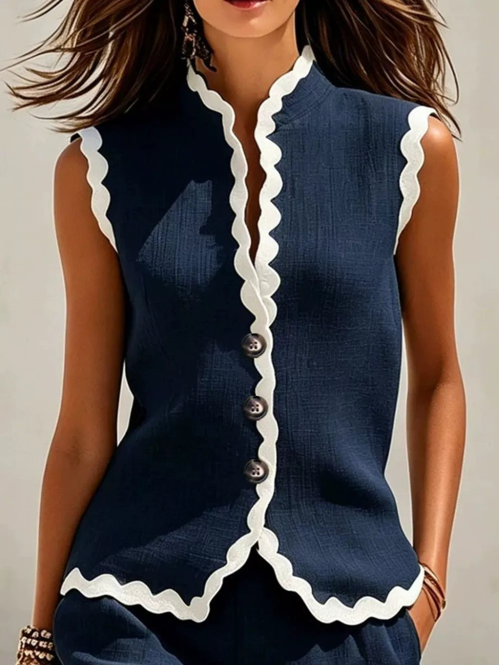 Full Size Scalloped Trim Sleeveless Vest and Shorts Two-Piece Set Plus Size, image 6