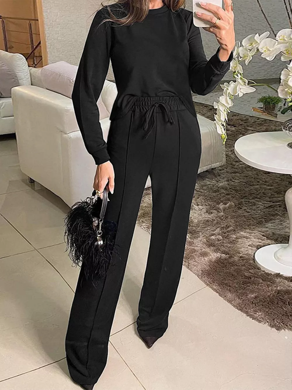 Solid Color Long Sleeve Top & Wide Leg Pants Set, image 5