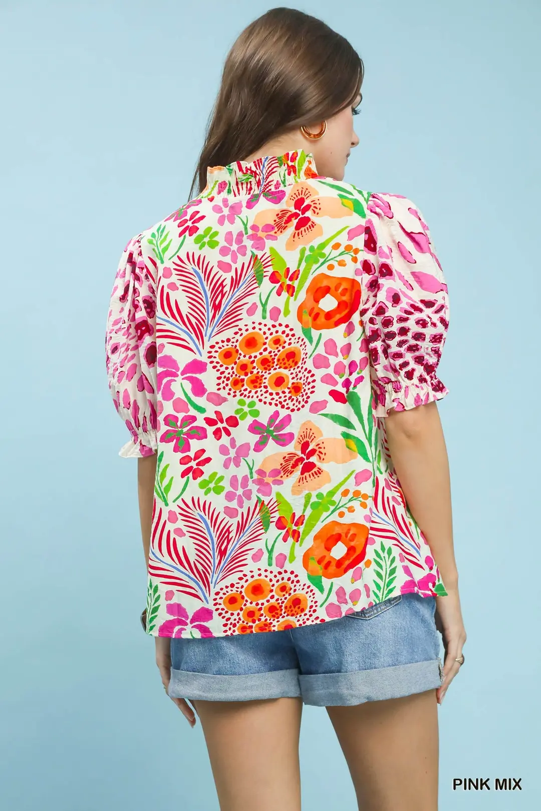 V-Neck Ruffle Trim Puff Sleeve Top, image 3