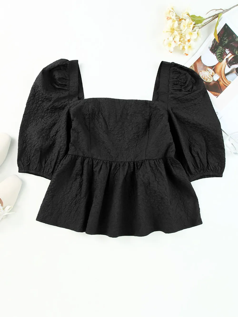 Textured Square Neck Puff Sleeve Peplum Blouse, image 4