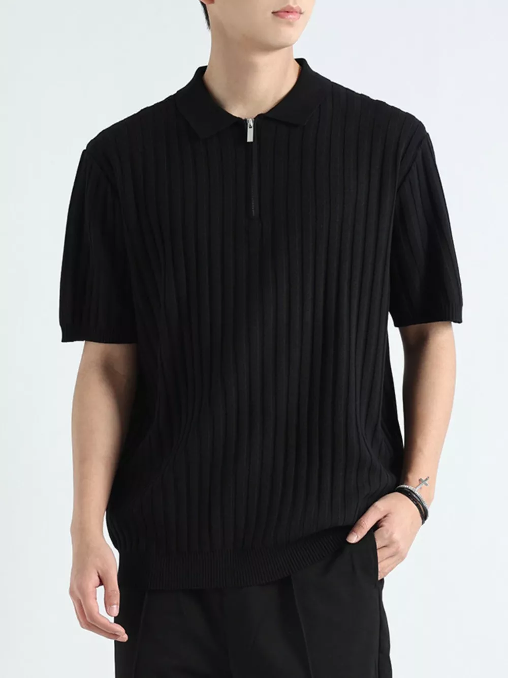 Men's Plus Size Ribbed Knit Short Sleeve Polo