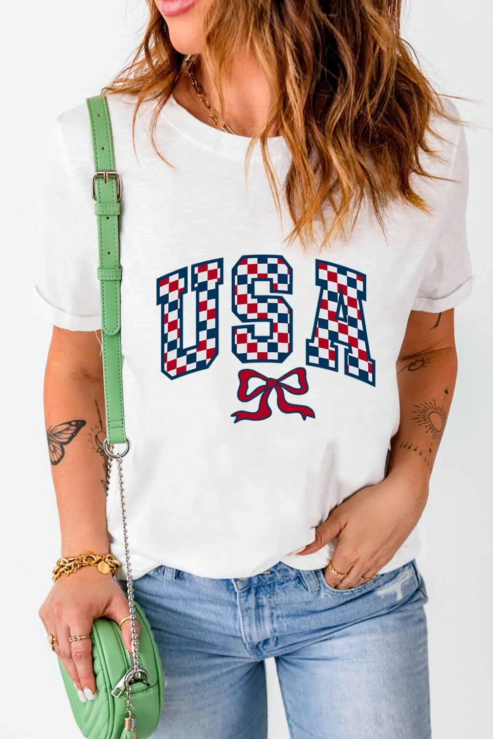 Checkered USA Graphic Round Neck Tee