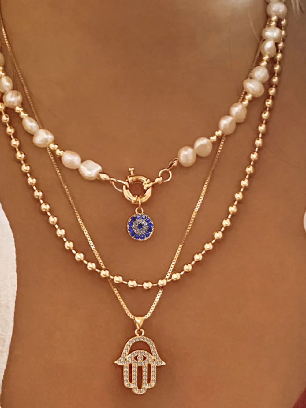 Layered Pearl Chain Evil Eye Hamsa Pendant Necklace