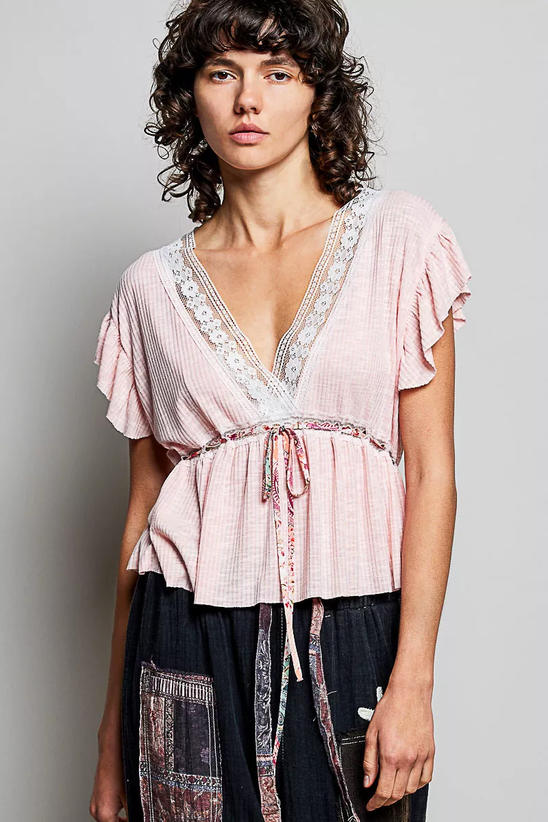 Tied Ruffled V-Neck Short Sleeve Blouse with Lace Detail
