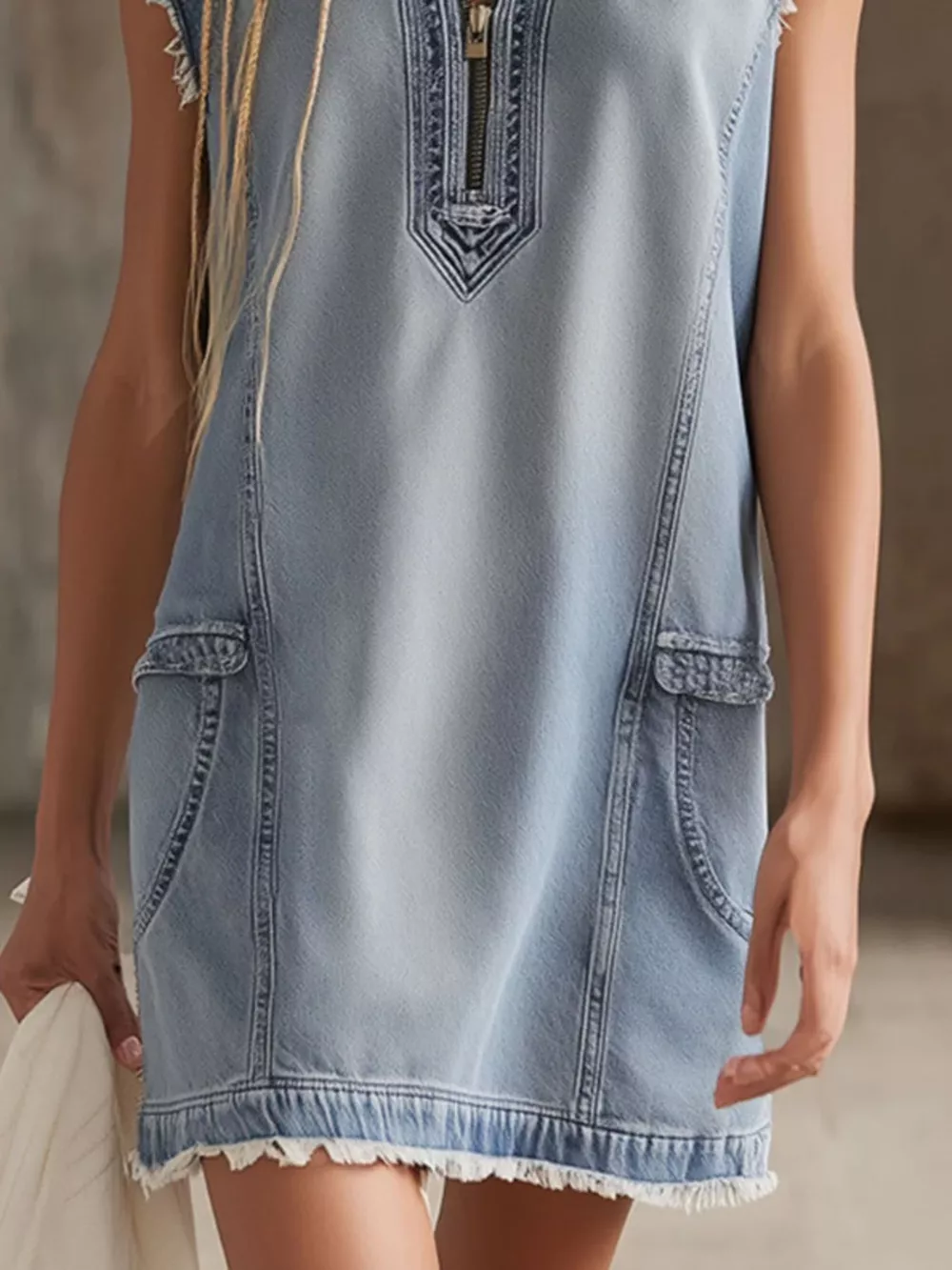 Sleeveless Frayed-Hem Zip-Front Denim Mini Dress, image 4