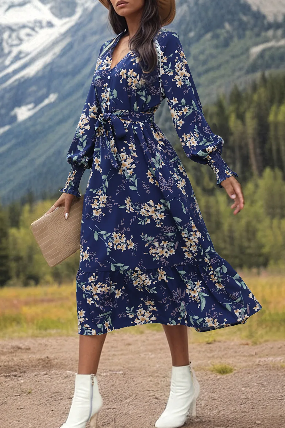 Printed Notched Lantern Sleeve Midi Dress, image 2