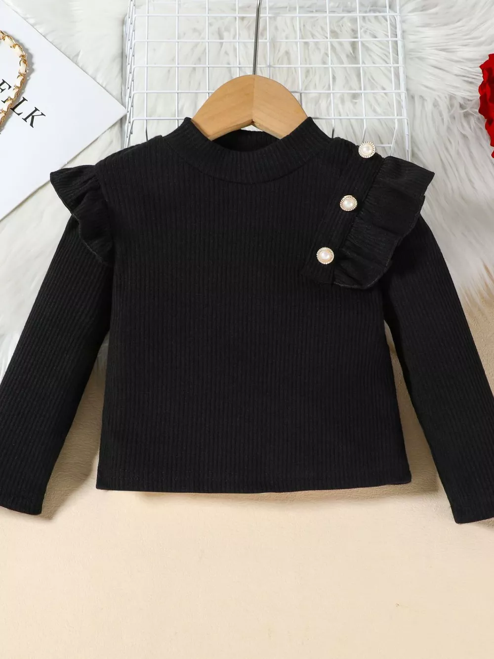 Children's Ruffled Trim Ribbed Top & Faux Leather Skirt Set, image 10