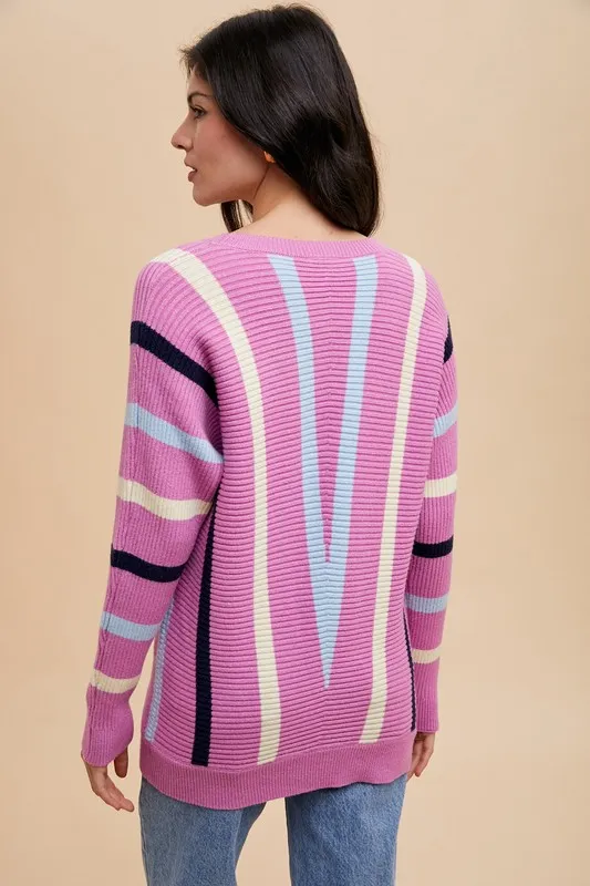 Chevron Stripe Round Neck Ribbed Sweater, image 2