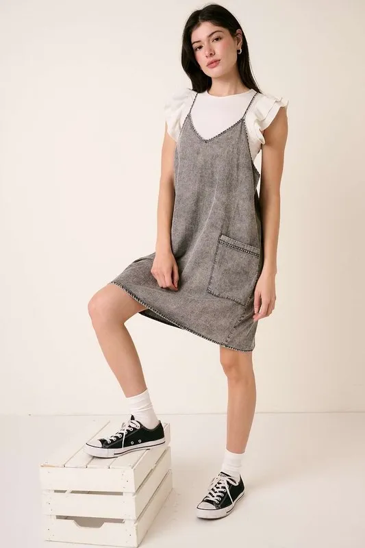 Washed Patch Pocket Mini Cami Denim Dress, image 4