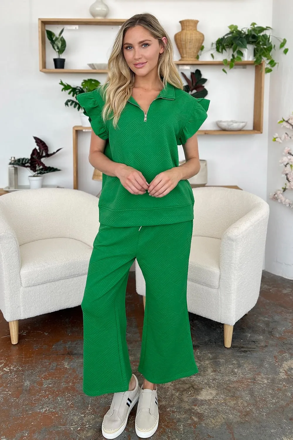 Texture Ruffle Short Sleeve Top and Drawstring Wide Leg Pants Set, image 18