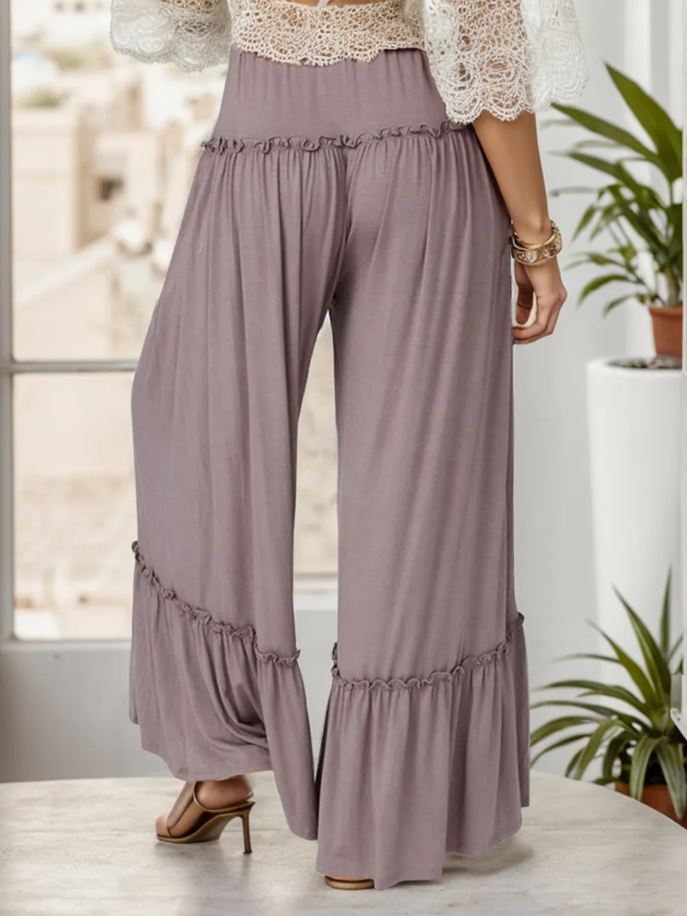 Wide Leg Ruffle Trim Pants, image 3