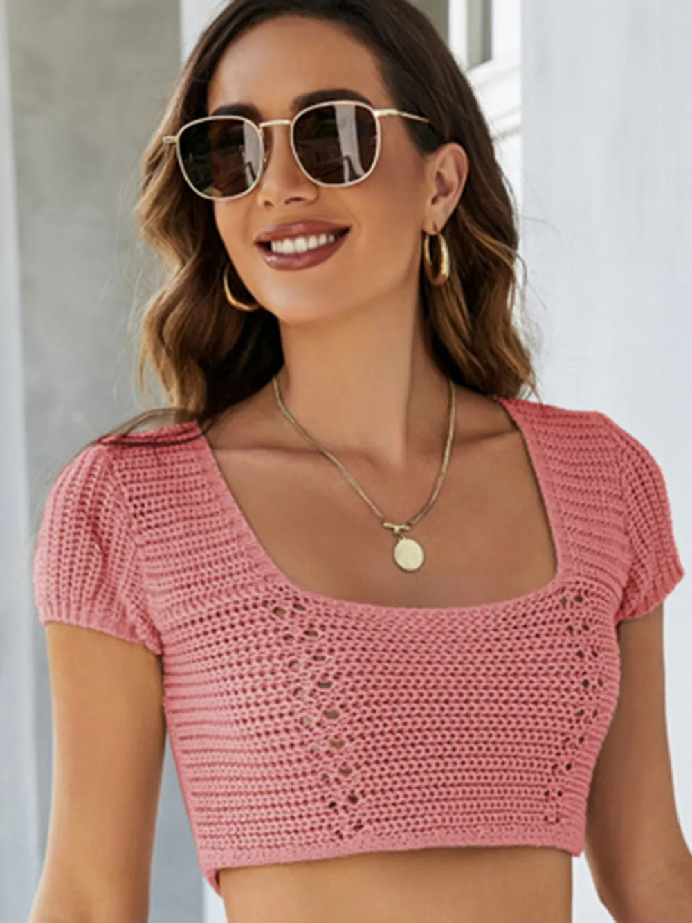 Lace-Up Openwork Square Neck Sweater, image 5