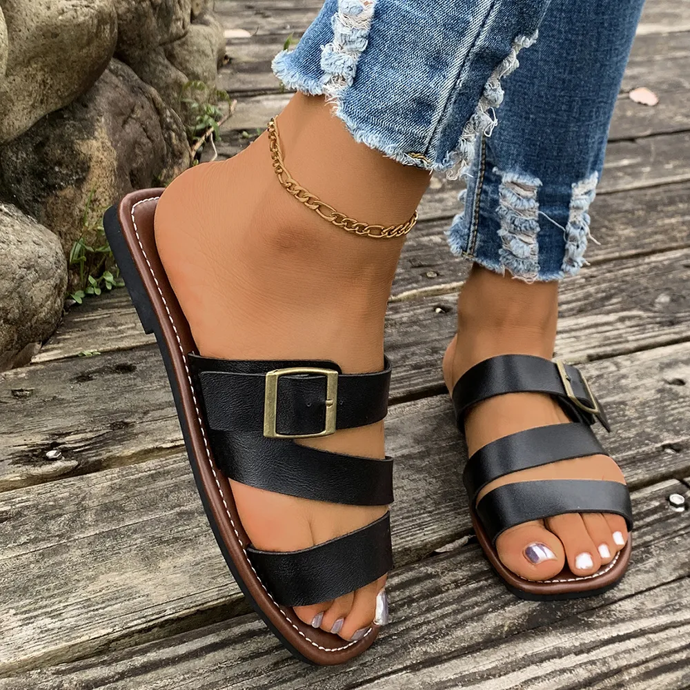 Open Toe Buckle Flat Sandals, image 9