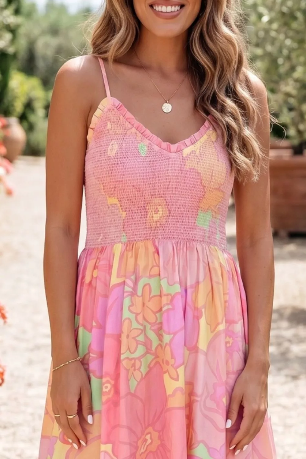 Spaghetti Straps Floral Shirred High Waist Dress, image 3