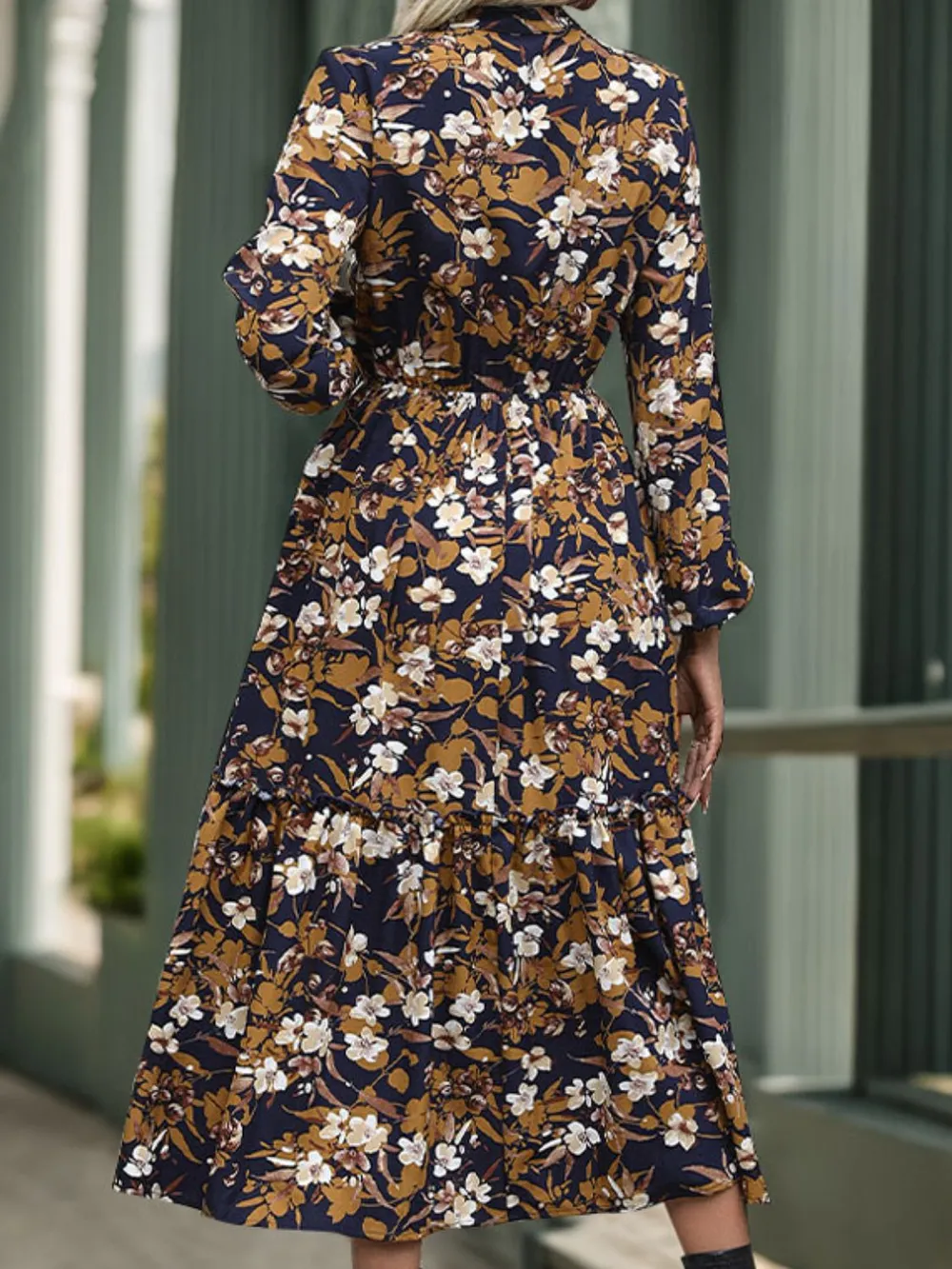 Printed Notched Long Sleeve Midi Dress, image 2