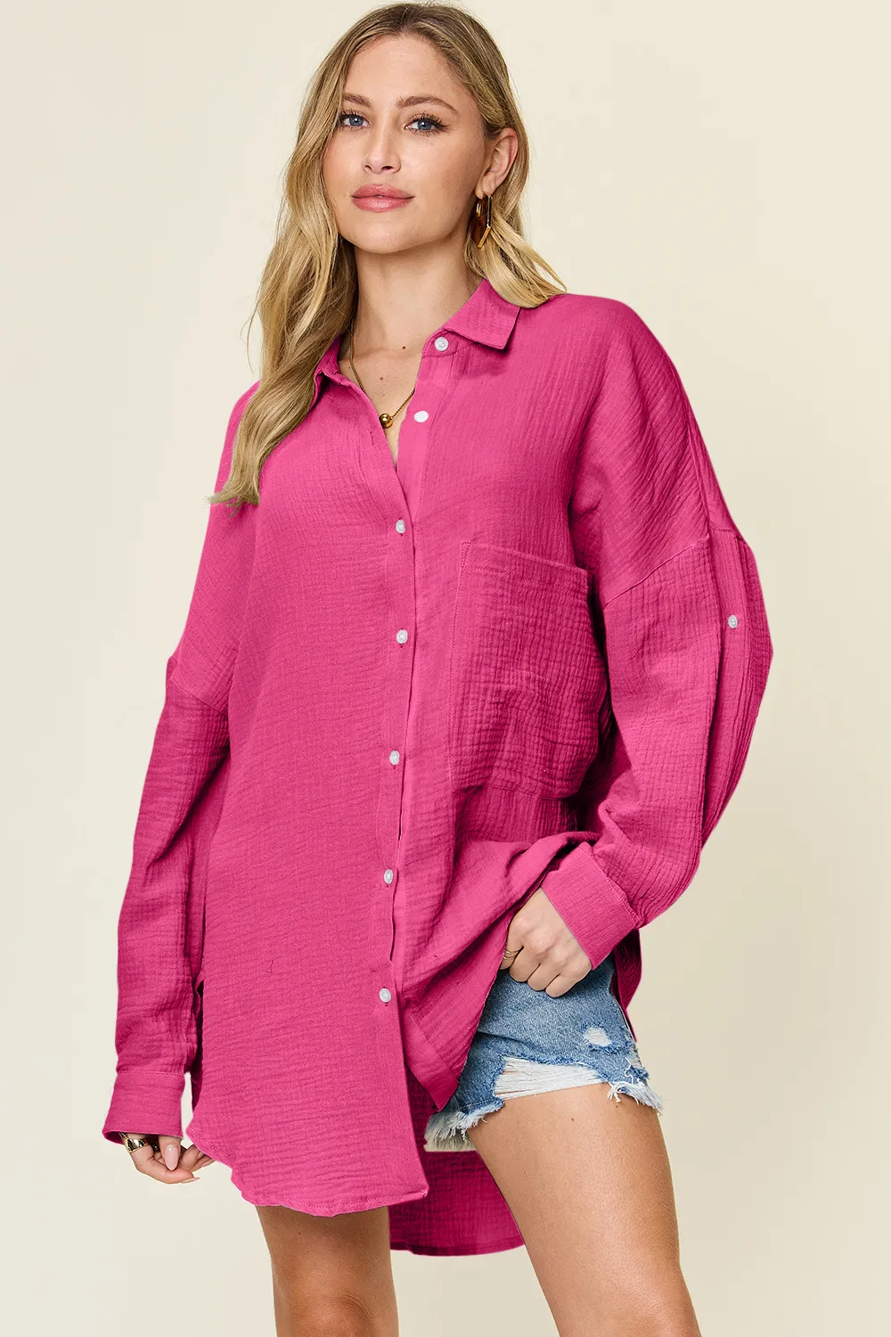 Full Size Pocketed Texture Button Up Shirt, image 5