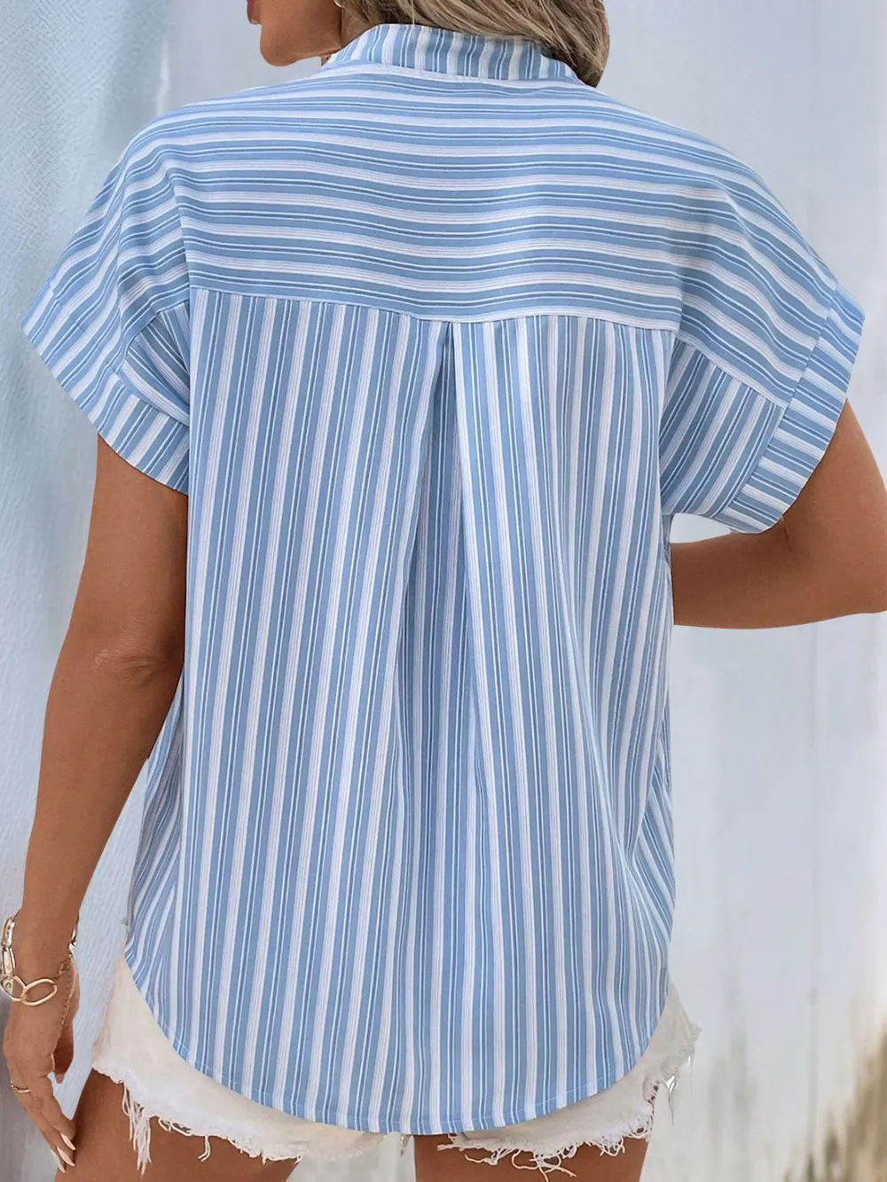 Half Button Striped Short Sleeve Blouse, image 3