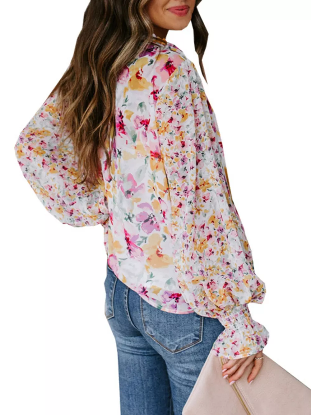 Full Size Floral Print Smocked Cuff Blouse Plus Size, image 4