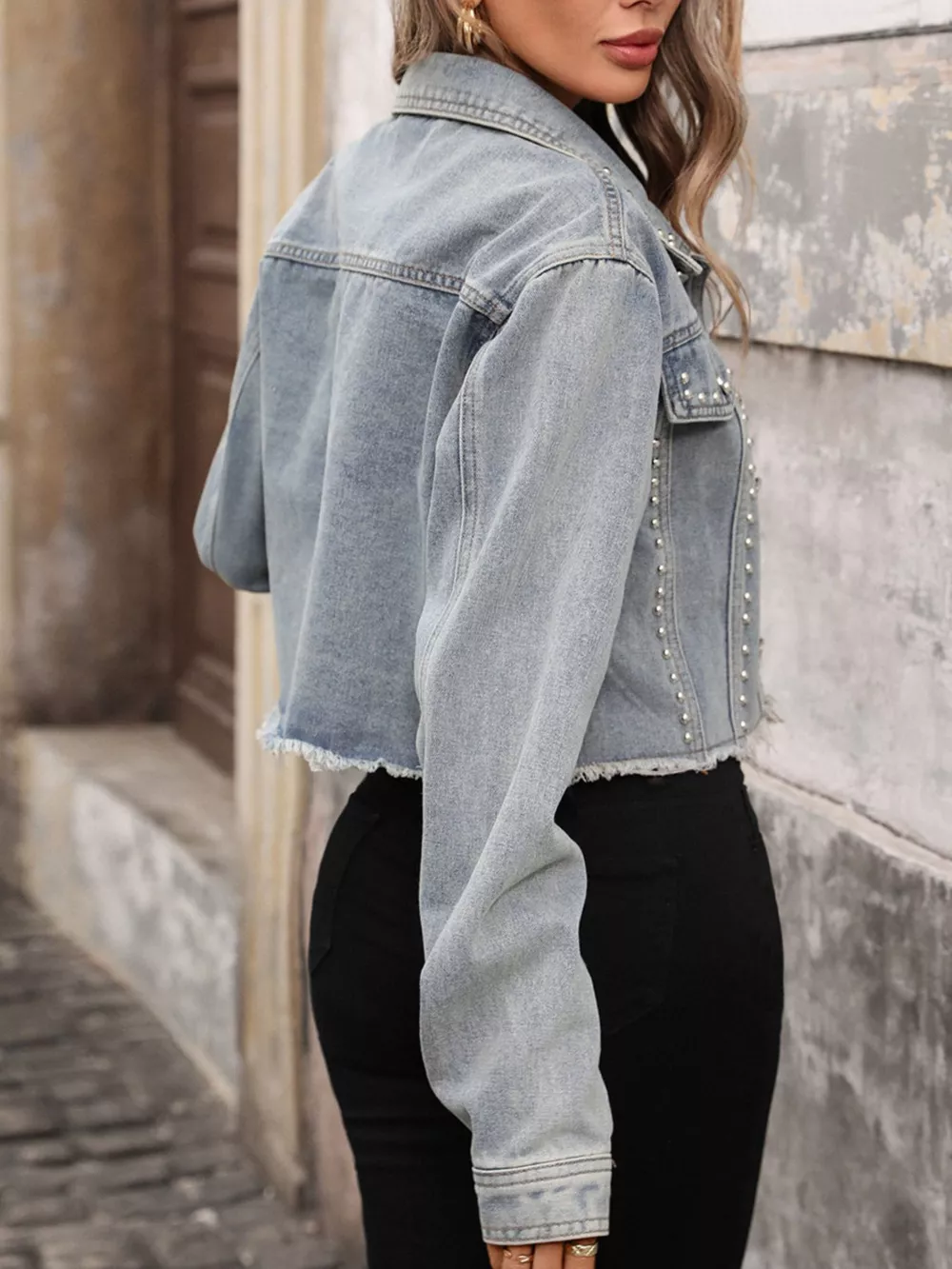 Studded Raw Hem Denim Jacket, image 5