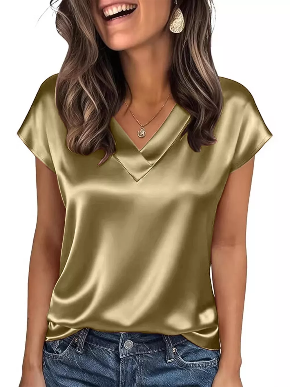 Satin V-Neck Short Sleeve Blouse, image 3