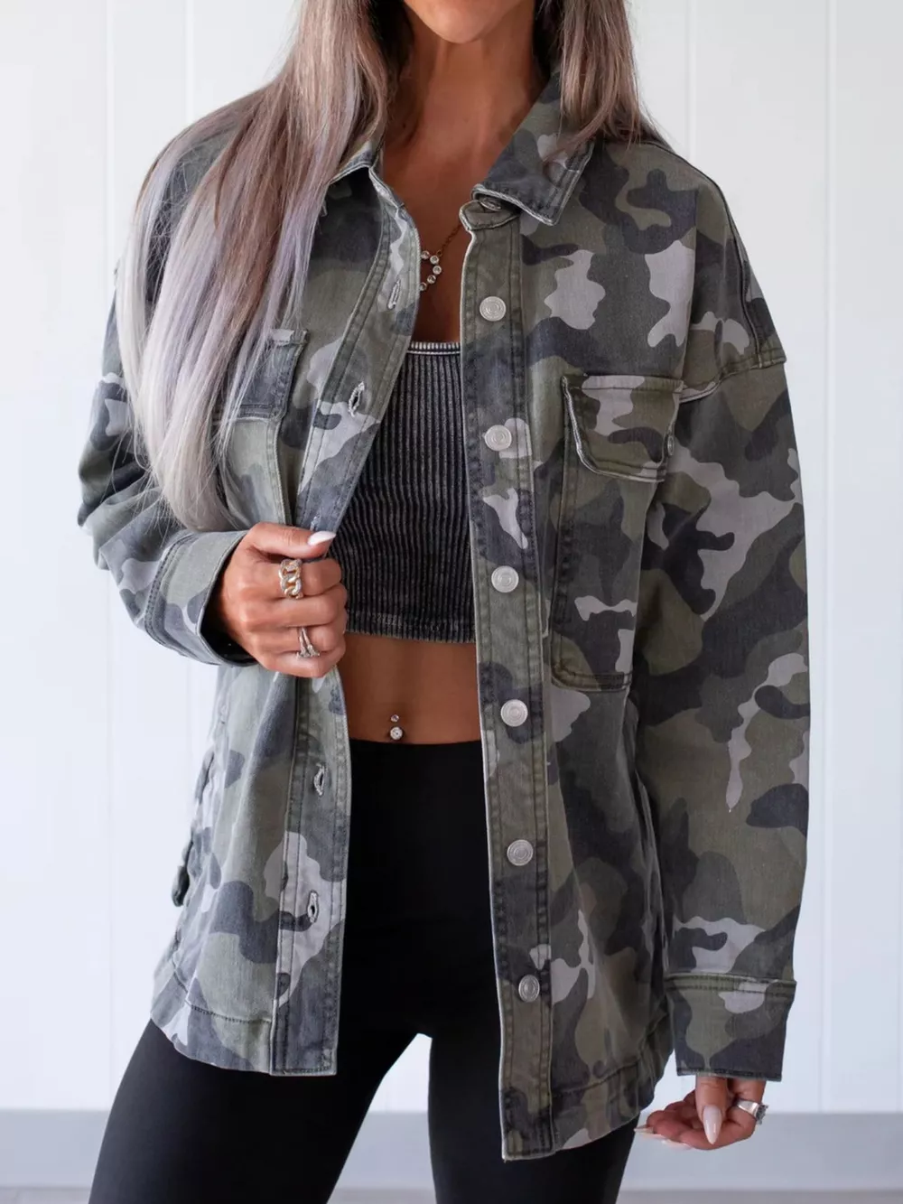 Oversized Camouflage Print Button Up Denim Jacket, image 2