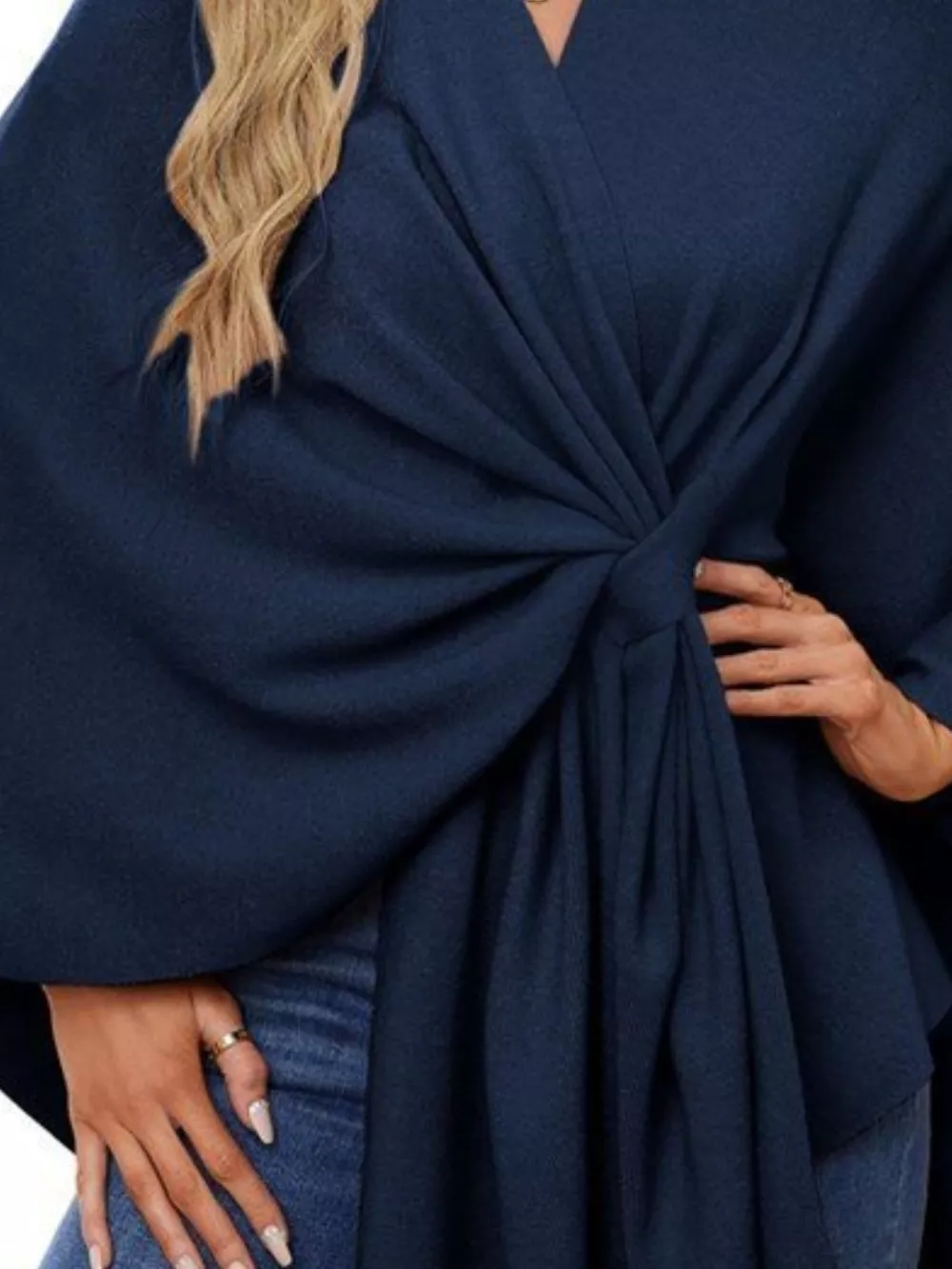 Solid Color Tie-Front Knit Cape Top, image 6