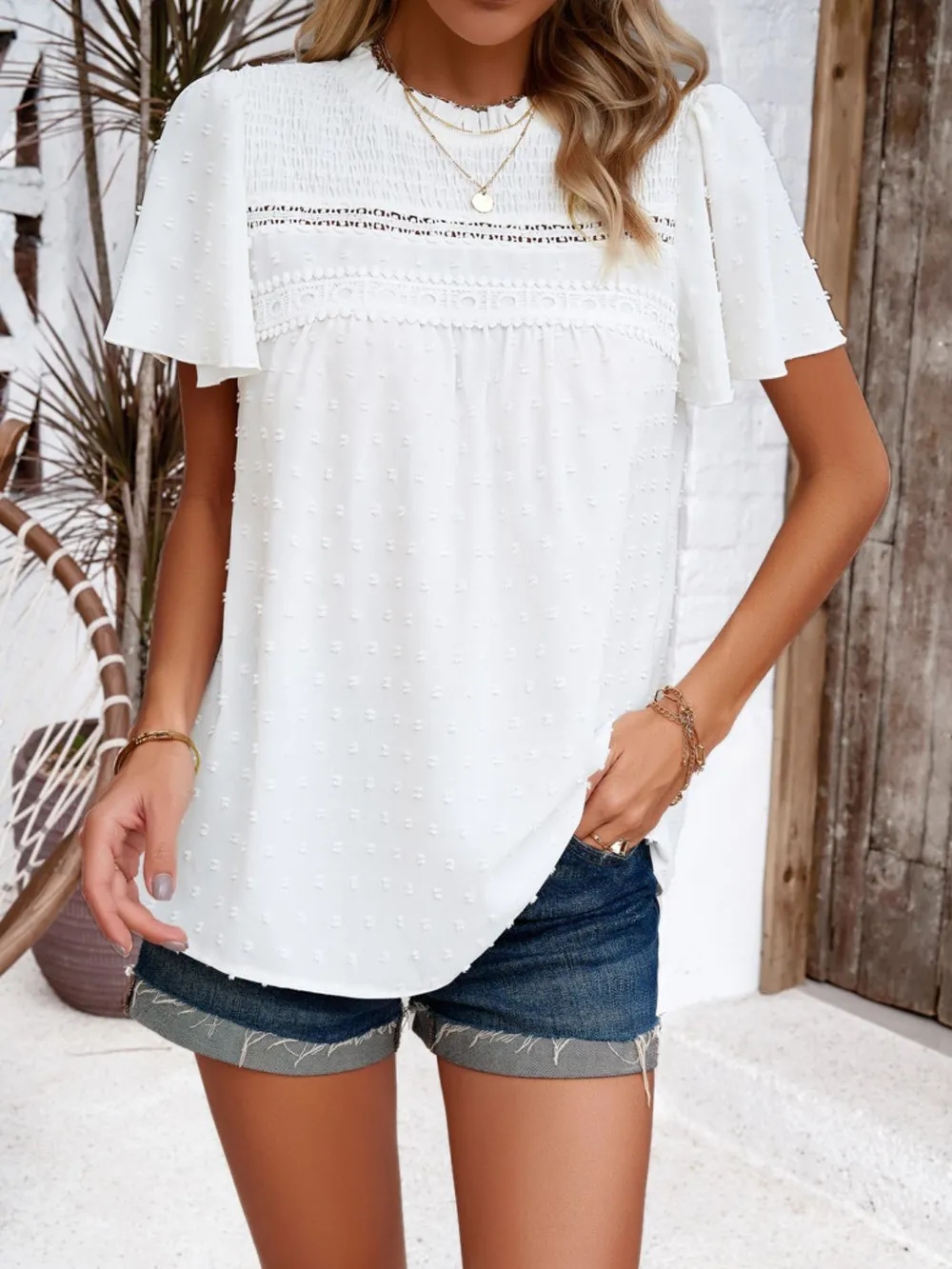 Swiss Dot Smocked Round Neck Short Sleeve Blouse, image 7