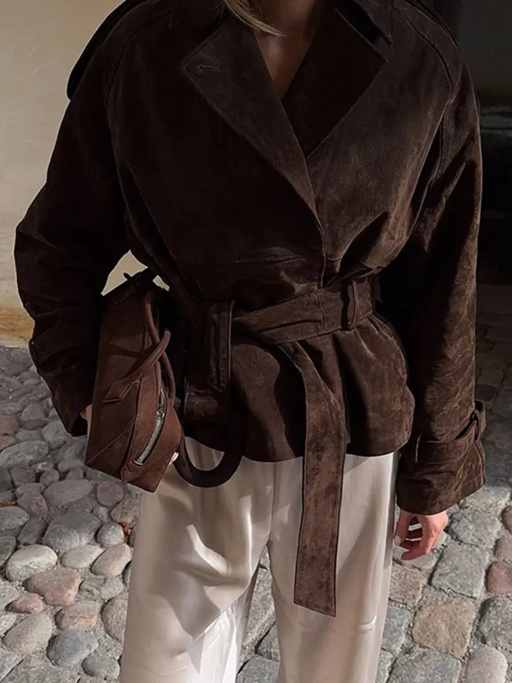 Lapel Collar Tie Waist Outerwear, image 2