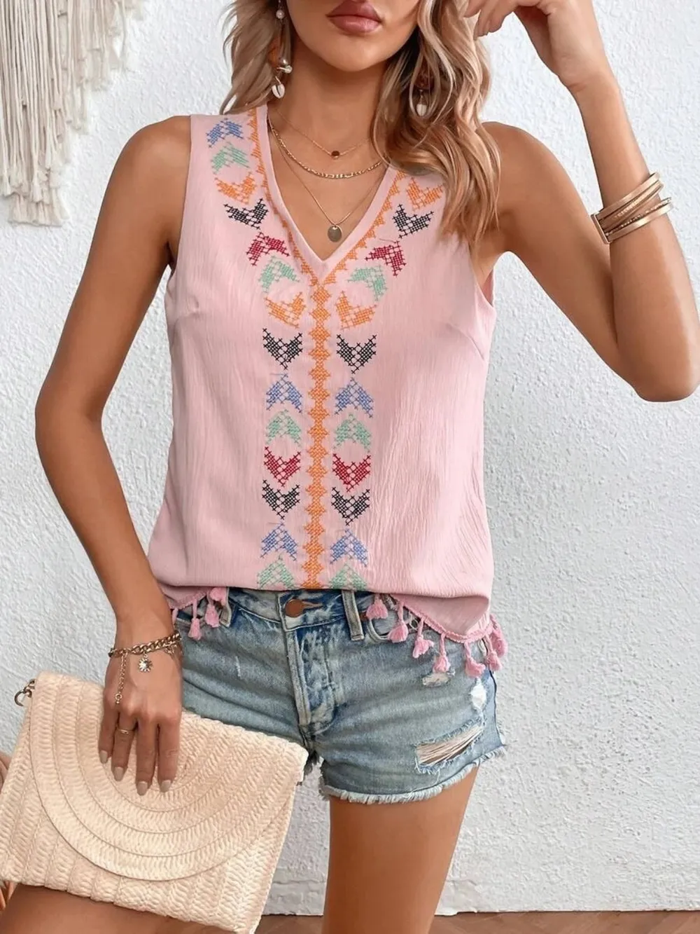 Tassel Printed V-Neck Tank, image 6