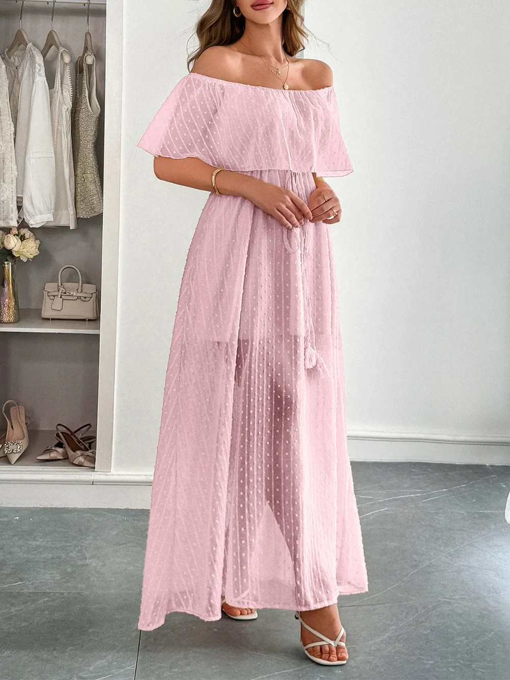 Swiss Dot Off Shoulder Maxi Dress, image 2