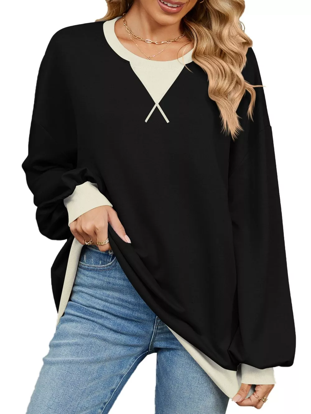 Contrast Round Neck Long Sleeve Sweatshirt, image 12