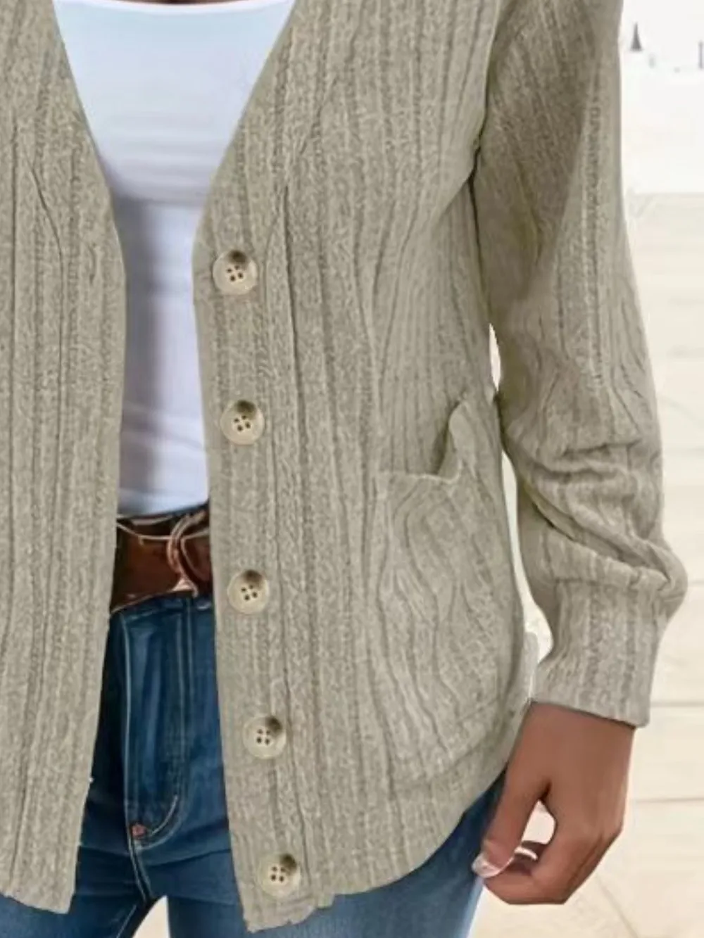 Full Size Button Up V-Neck Long Sleeve Cardigan, image 7