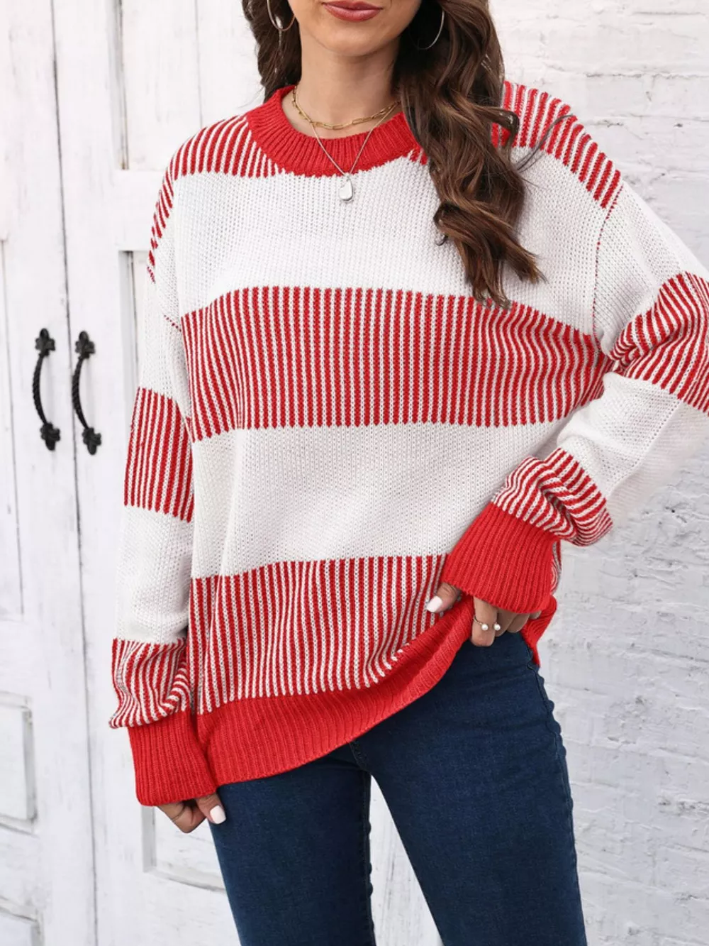 Full Size Color Block Dropped Shoulder Sweater Plus Size, image 16