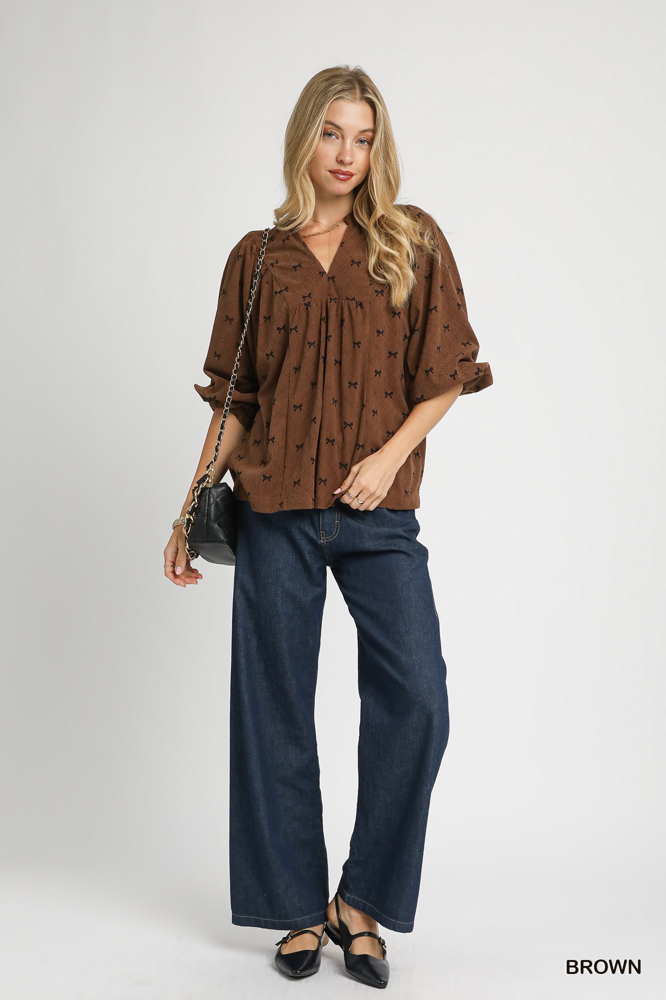 Corduroy Bow Print Balloon Sleeve Blouse, image 4