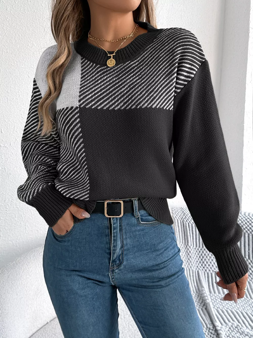 Color Block Striped Round Neck Sweater, image 16