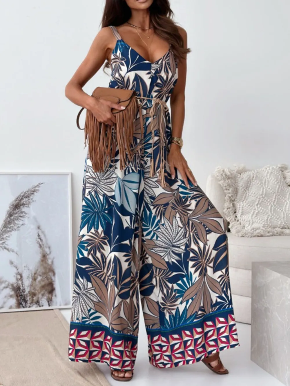 Paisley Print Spaghetti Strap Wide Leg Jumpsuit