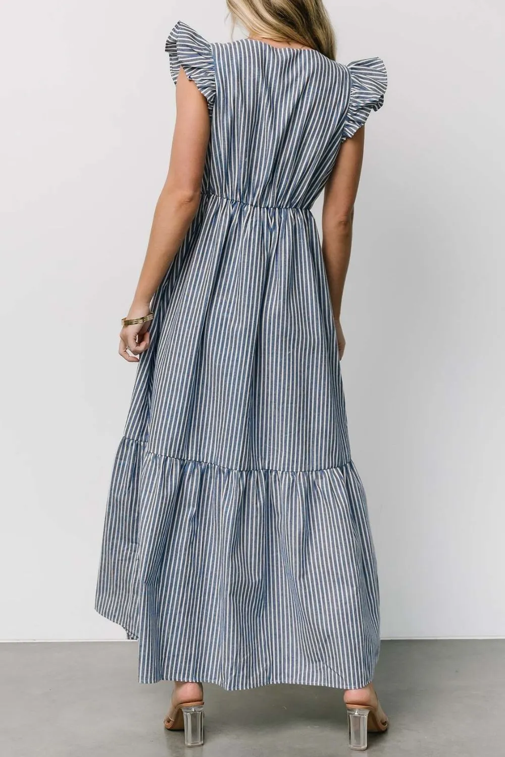 Slit Striped V-Neck Ruffled Cap Sleeve Dress, image 4