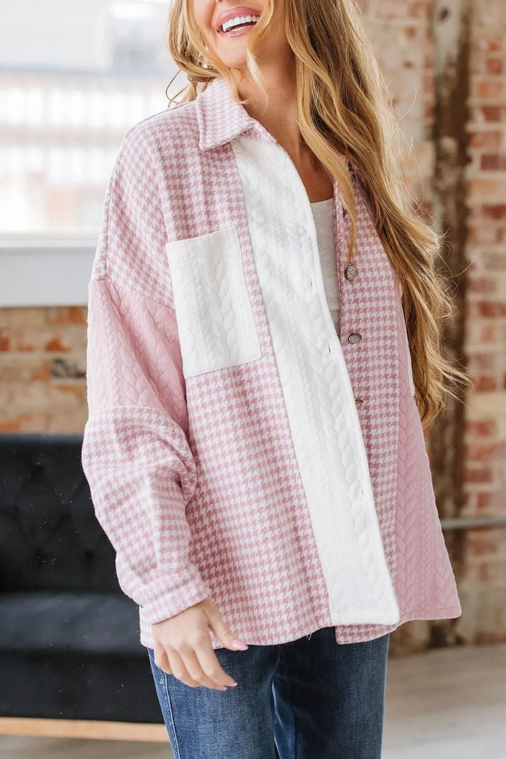 Color Block Houndstooth Collared Neck Shacket, image 2