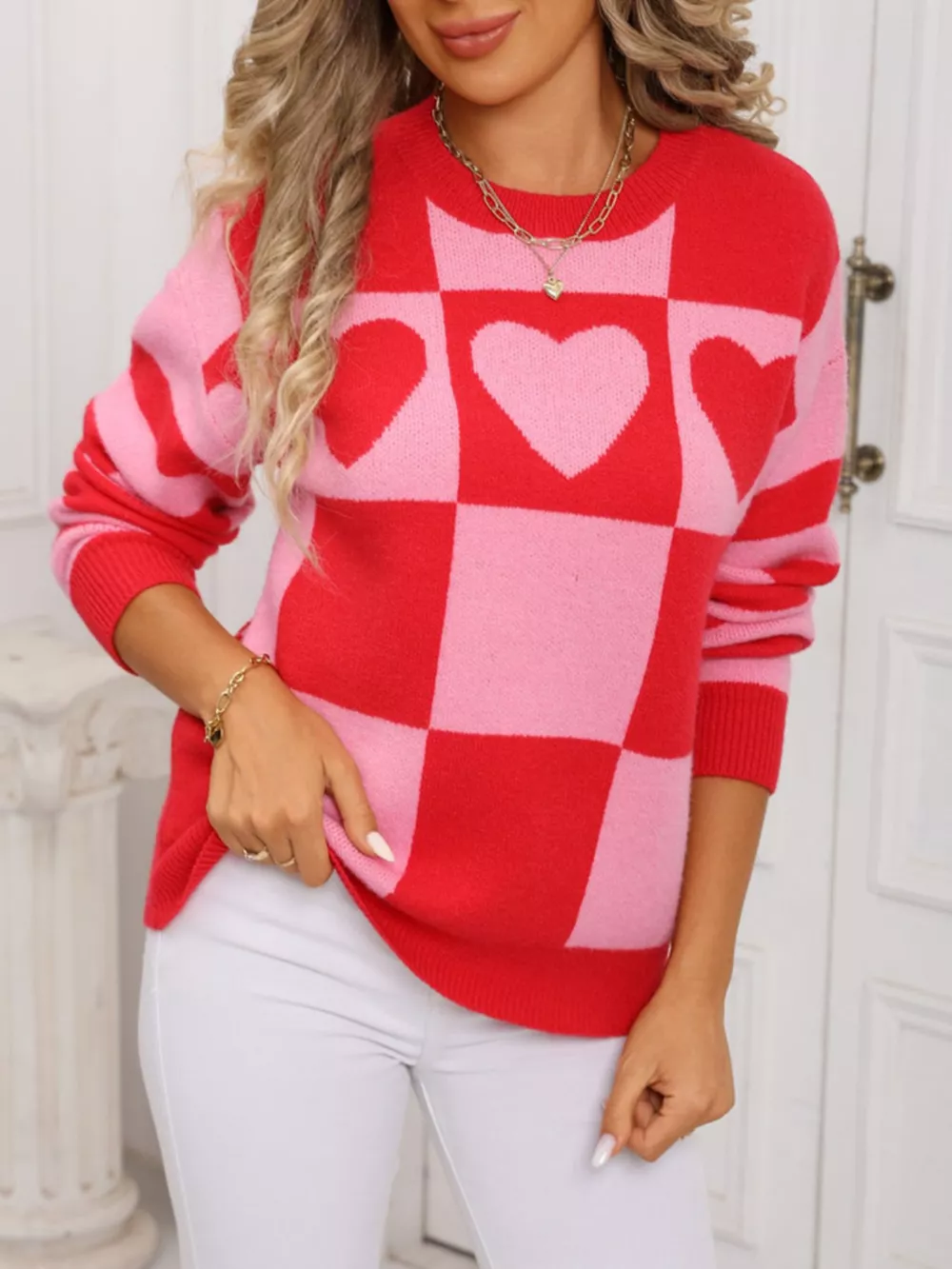 Heart Pattern Checkerboard Knit Sweater, image 3