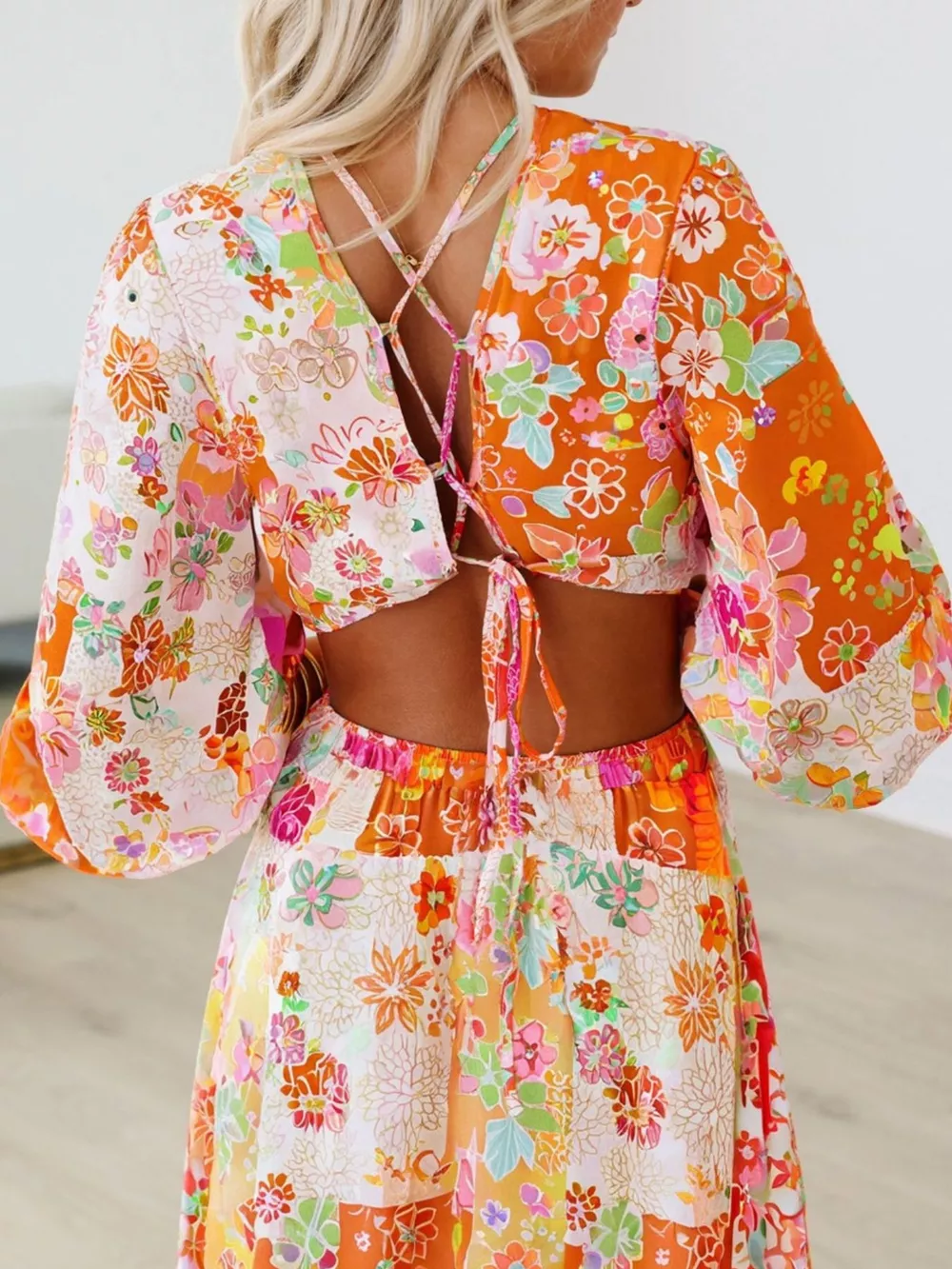 Vibrant Floral Long Sleeve Dress with Lace-Up Back, image 2
