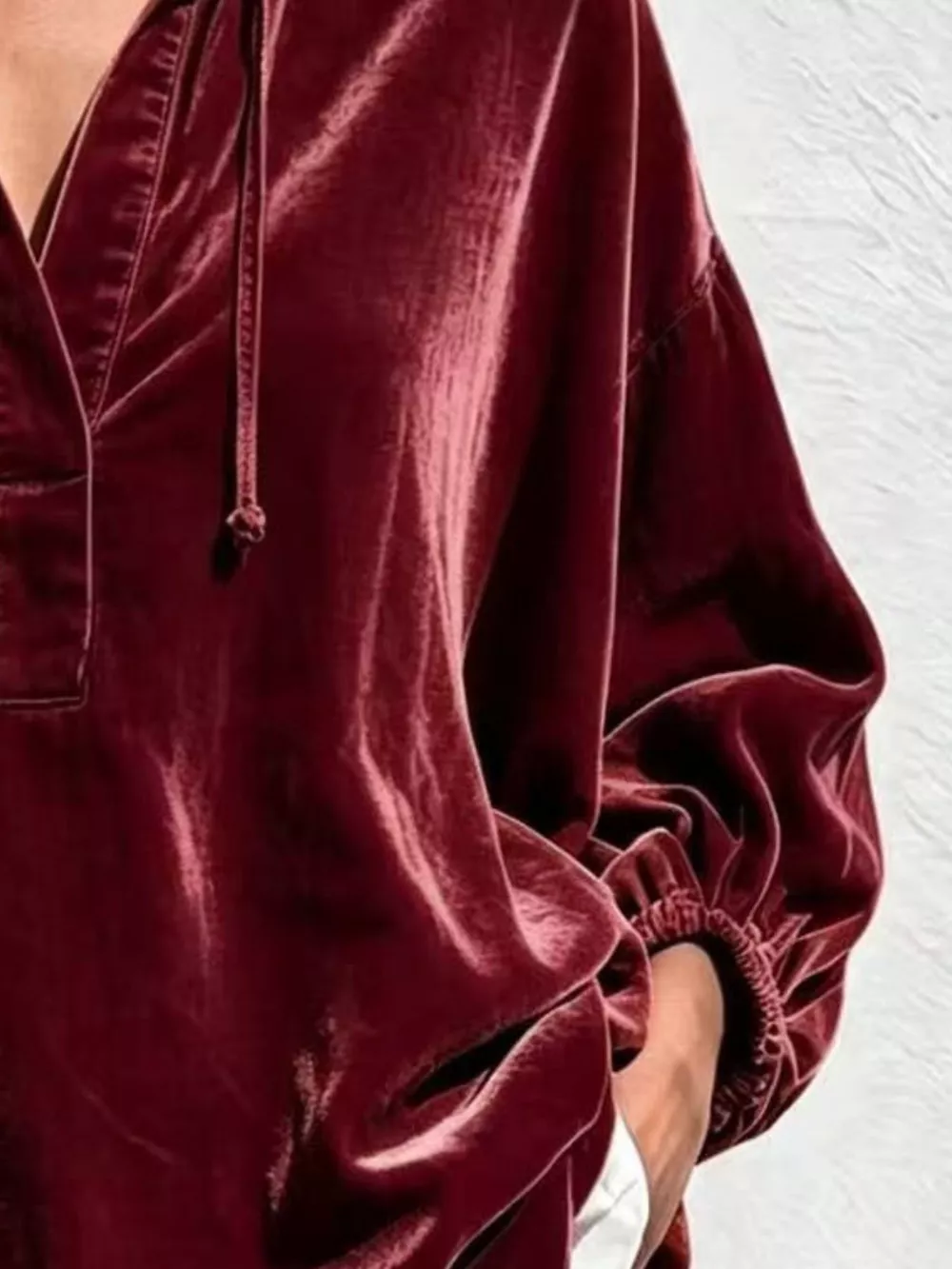 Full Size Oversized Velvet Collared Neck Drawstring Blouse Plus Size, image 12