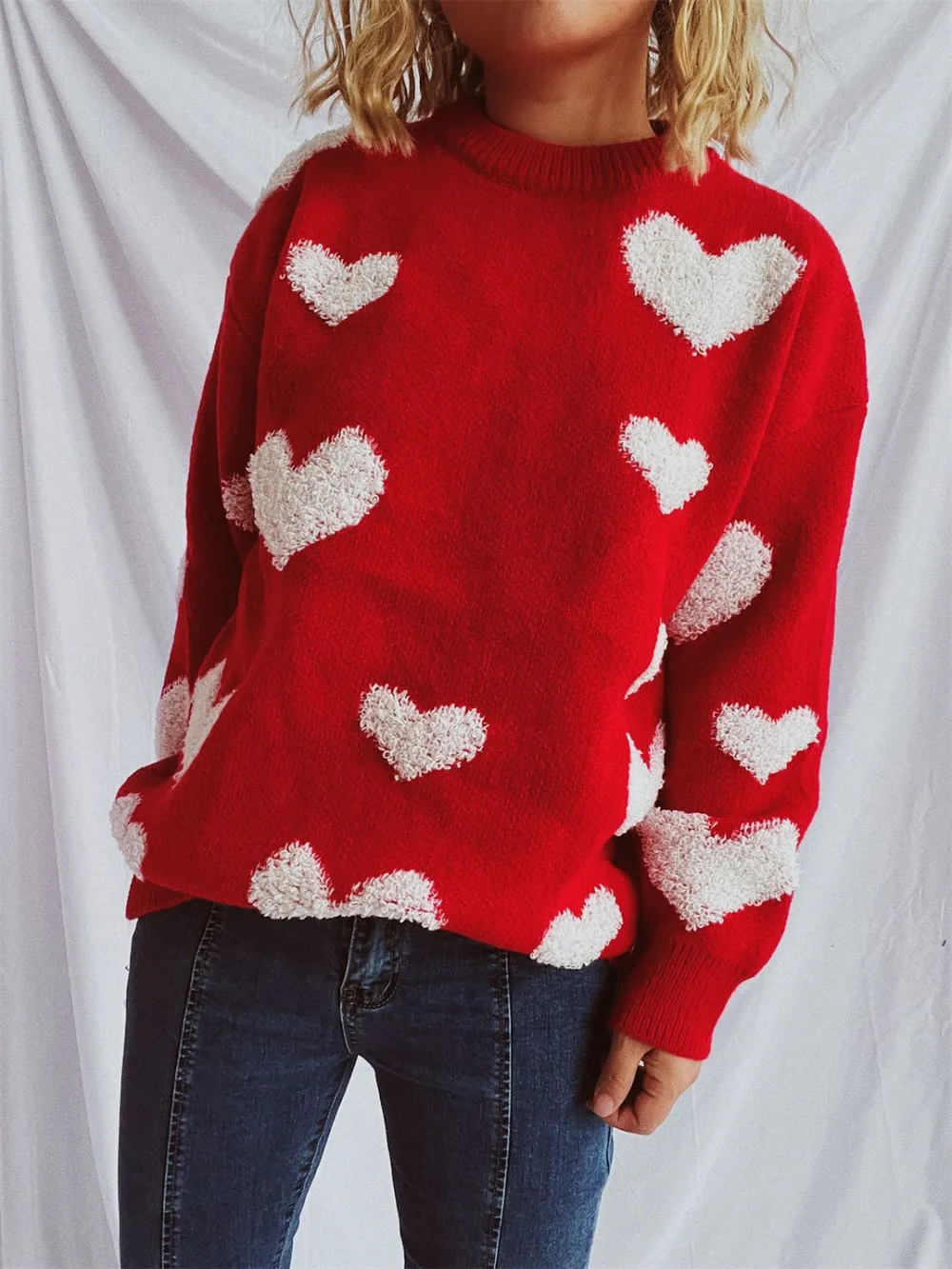 Heart Round Neck Dropped Shoulder Sweater, image 5